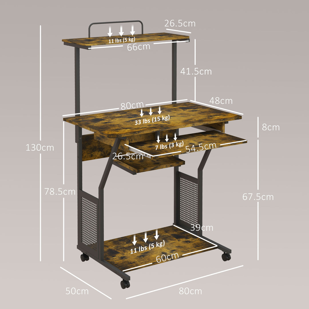 HOMCOM Mobile Computer Desk w/ Keyboard Tray, Rolling Study Table w/ Storage Shelves & Wheels, Writing Desk for Home Office, Rustic Brown | Aosom UK