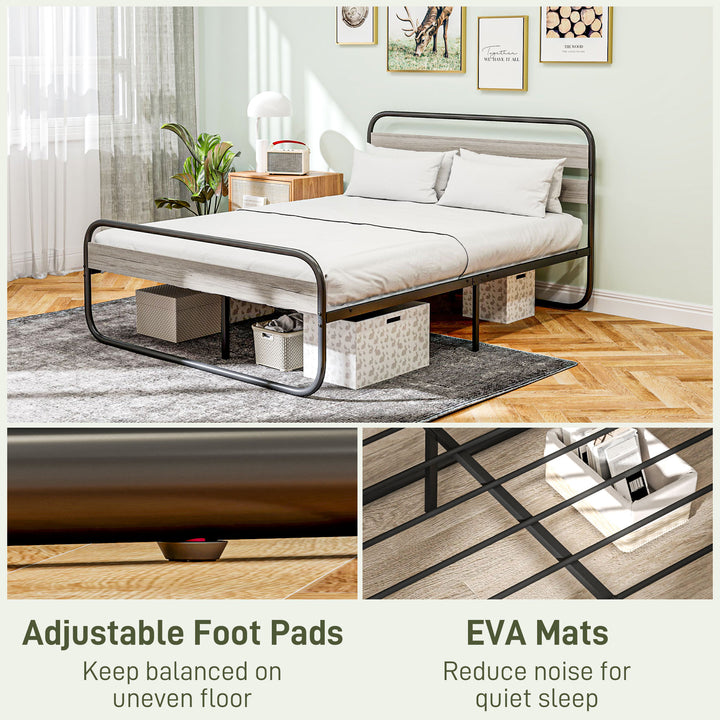 4ft6 Double Bed Frame, Industrial Style Metal Platform Bed Frame with Under Bed Storage, No Box Spring Needed, Easy Assembly, Grey