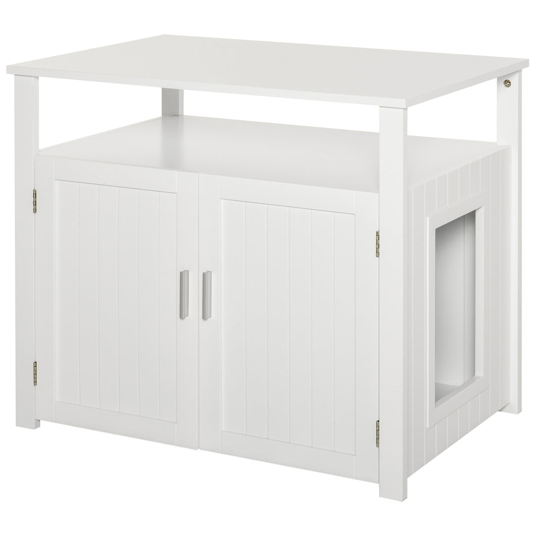 MCL Wooden Cat Litter Box Enclosure Furniture with Adjustable Interior Wall & Large Tabletop for Nightstand, White