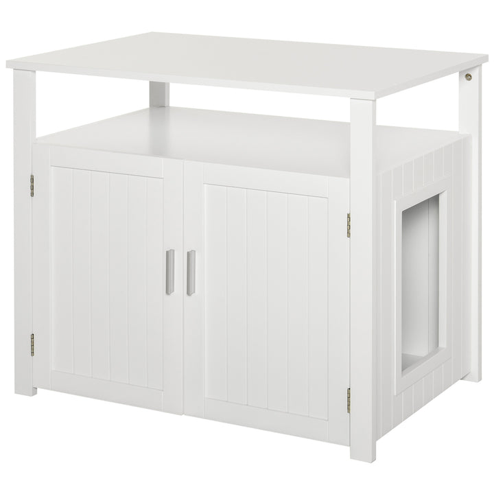 MCL Wooden Cat Litter Box Enclosure Furniture with Adjustable Interior Wall & Large Tabletop for Nightstand, White