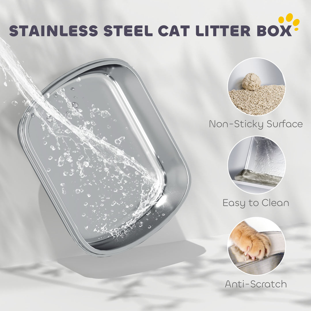 Stainless Steel Cat Litter Box with Lid, for Cats, Enclosed Cat Litter Box with Flip Cover, Scoop
