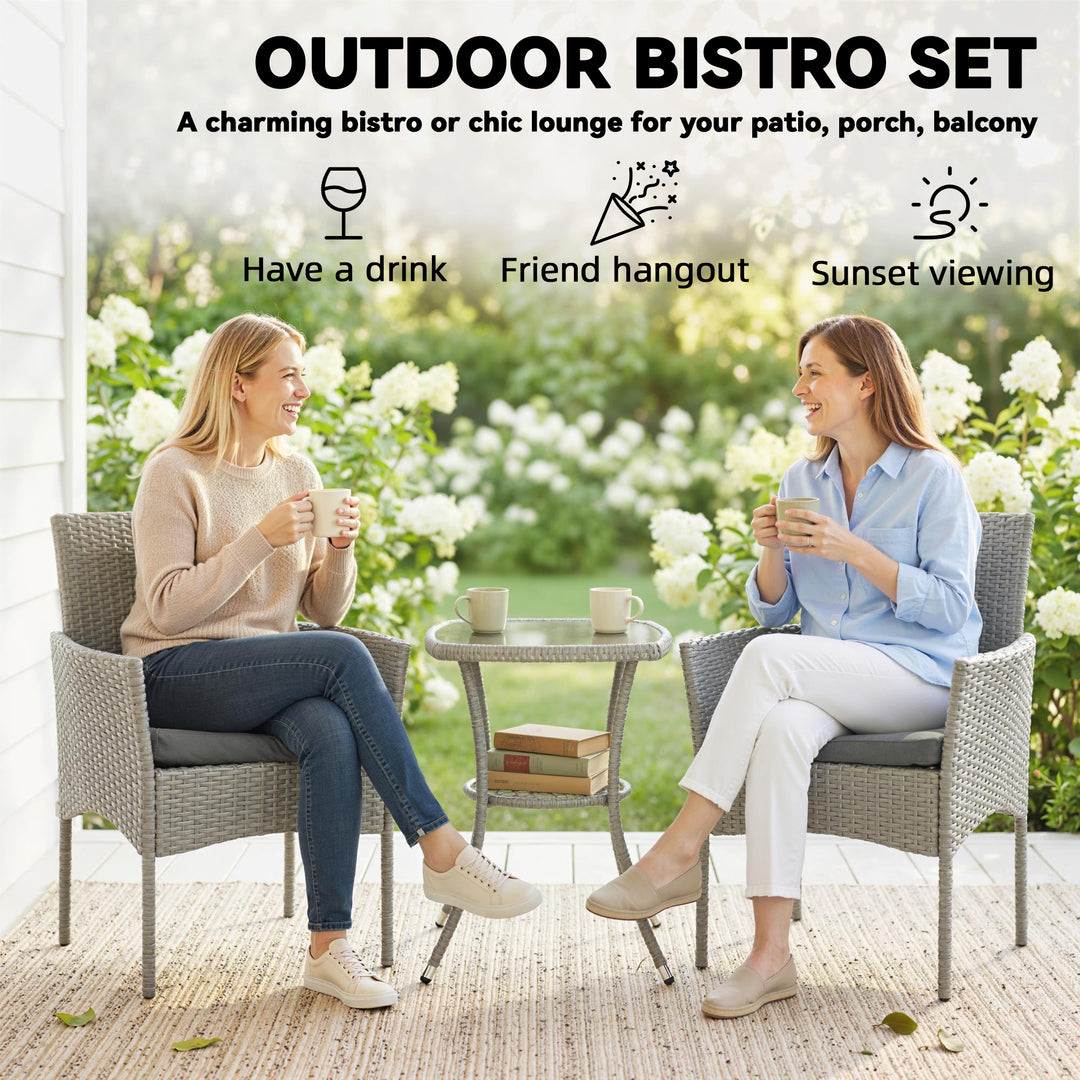 3 Piece Rattan Bistro Set, PE Wicker Garden Furniture Conversation Set