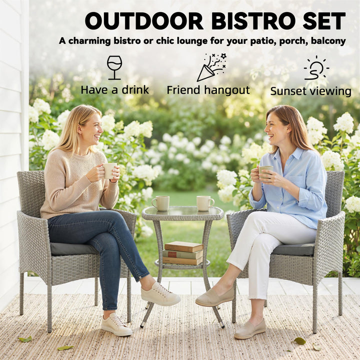 3 Piece Rattan Bistro Set, PE Wicker Garden Furniture Conversation Set