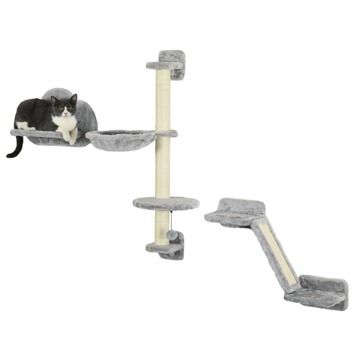 Three-Piece Wall-Mounted Cat Shelves, with Hammock, Ladder, Platforms, Scratching Post - Grey
