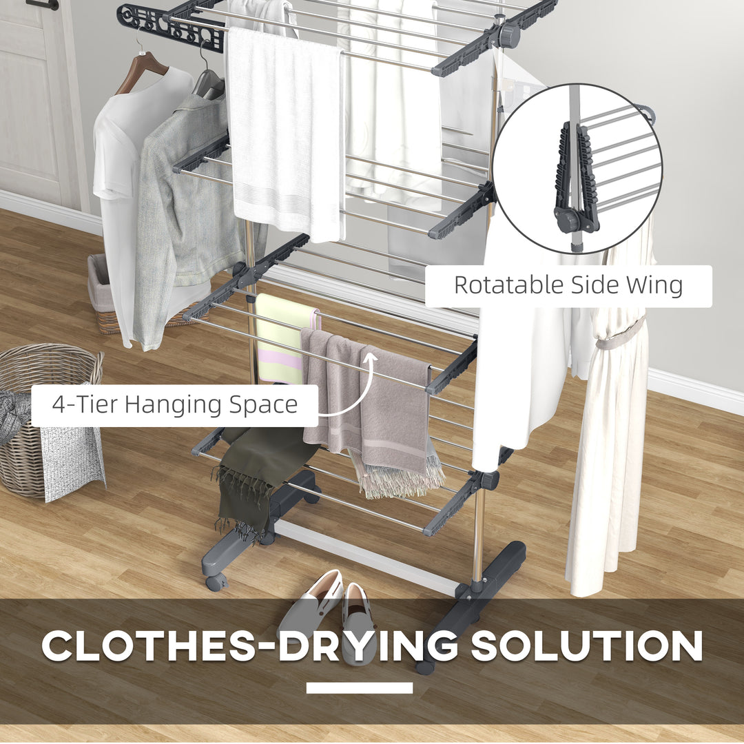 Four-Shelf Collapsing Clothes Horse, With Side Arms and Wheels - Grey