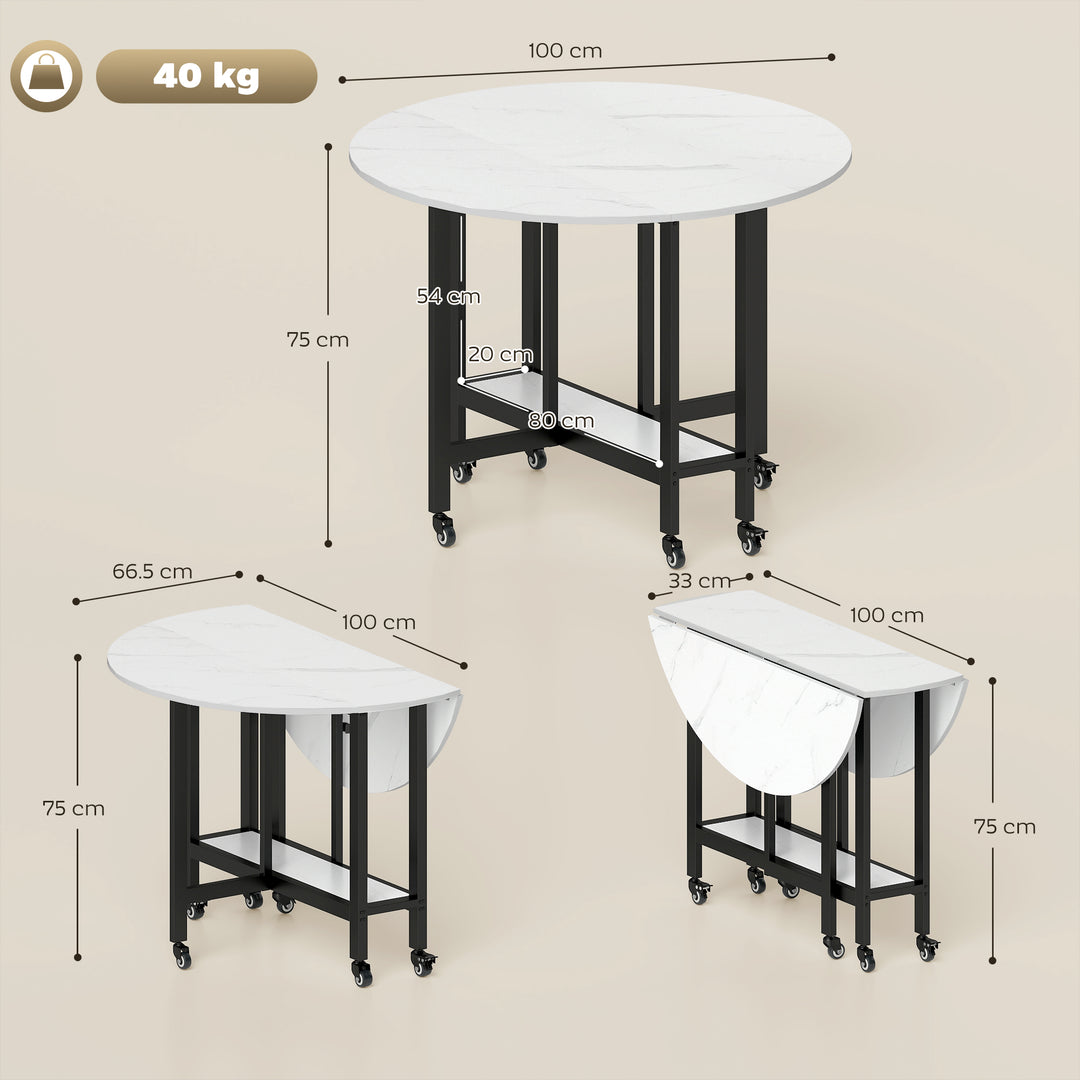 Folding Dining Table, Drop Leaf Table with Open Shelf, Rolling Kitchen
