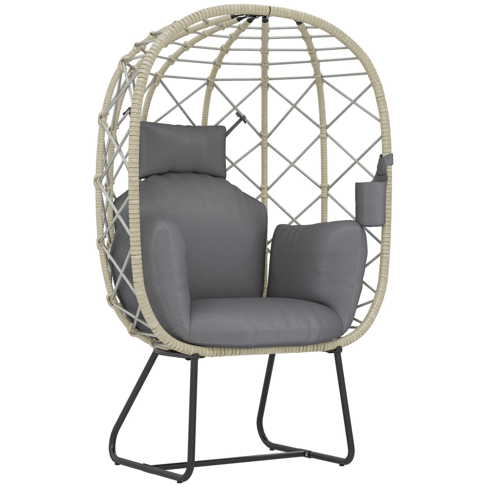 Rattan Egg Chair Outdoor Indoor Wicker Chair with Thickened Cushion and Headrest, Standing Garden Egg Chair with Cup Holder, Metal Frame for Patio, Balcony, Grey