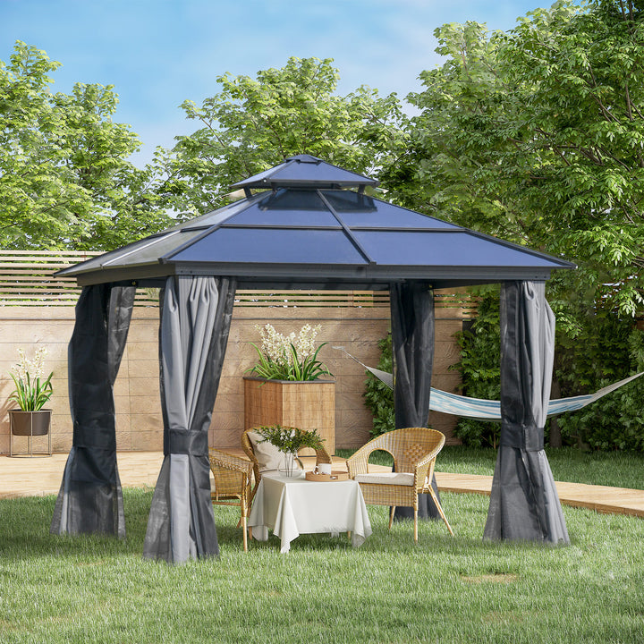 Outsunny 3 x 3(m) Polycarbonate Hardtop Gazebo Canopy with Double-Tier Roof and Aluminium Frame, Garden Pavilion with Mosquito Netting and Curtains