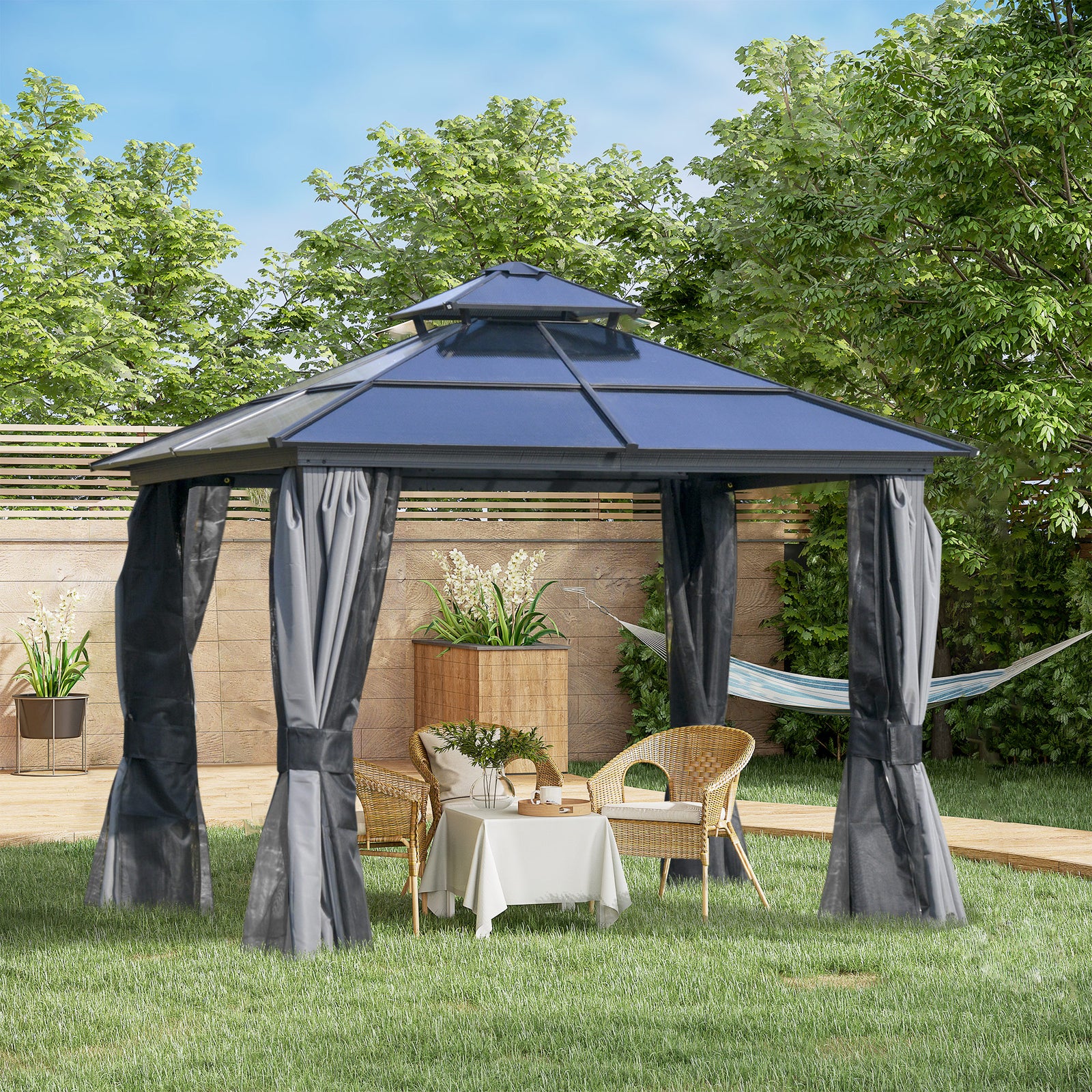 Outdoor 3 x 3(m) Gazebo Cabana w/ Steel Frame & Net Sidewalls for Privacy