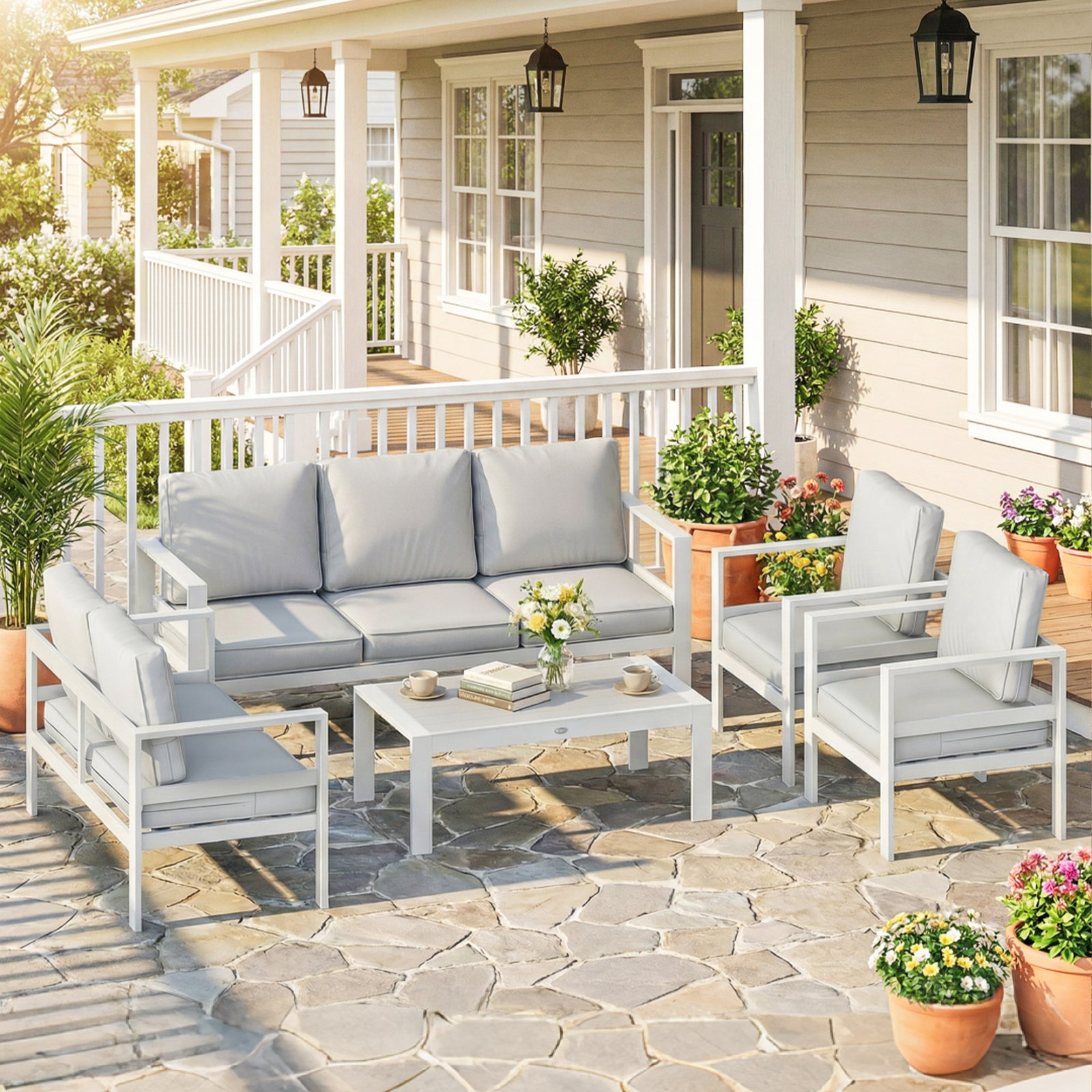 5 Pieces Aluminium Garden Furniture Set with Olefin Cushions, Extra De