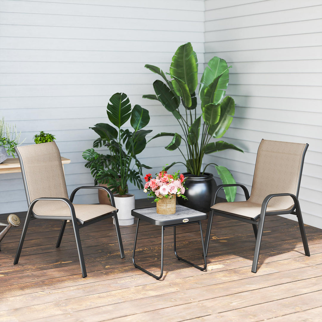 3 Pieces Outdoor Bistro Set, Patio Stackable Armchairs with Breathable Mesh Fabric and SPC Board Coffee Table, Brown
