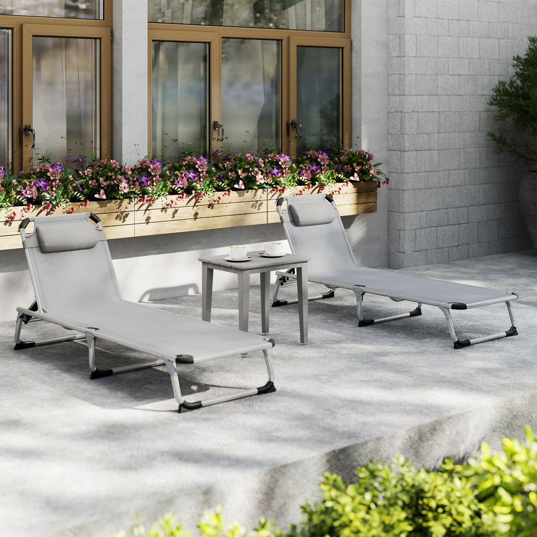 Outsunny Foldable Outdoor Sun Lounger Set of 2, Reclining Lounge Chair Camping Bed Cot with Pillow 4-Level Adjustable Back Aluminium Frame, Light Grey
