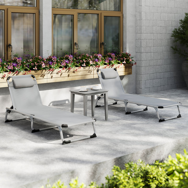 Outsunny Foldable Outdoor Sun Lounger Set of 2, Reclining Lounge Chair Camping Bed Cot with Pillow 4-Level Adjustable Back Aluminium Frame, Light Grey