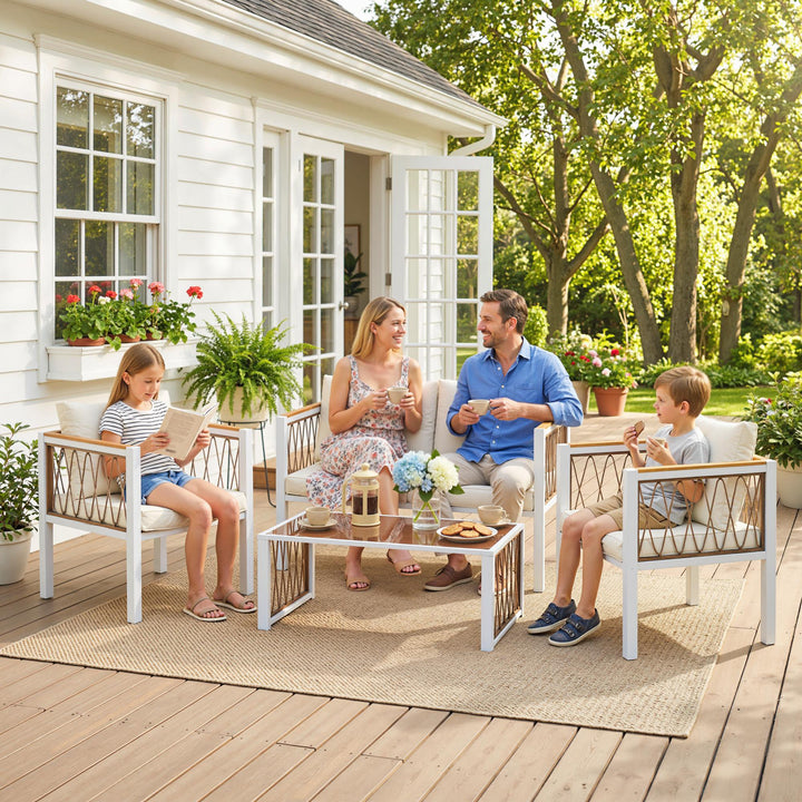 4 Piece Rattan Garden Furniture Set with Loveseat, 2 Armchairs, Cream 