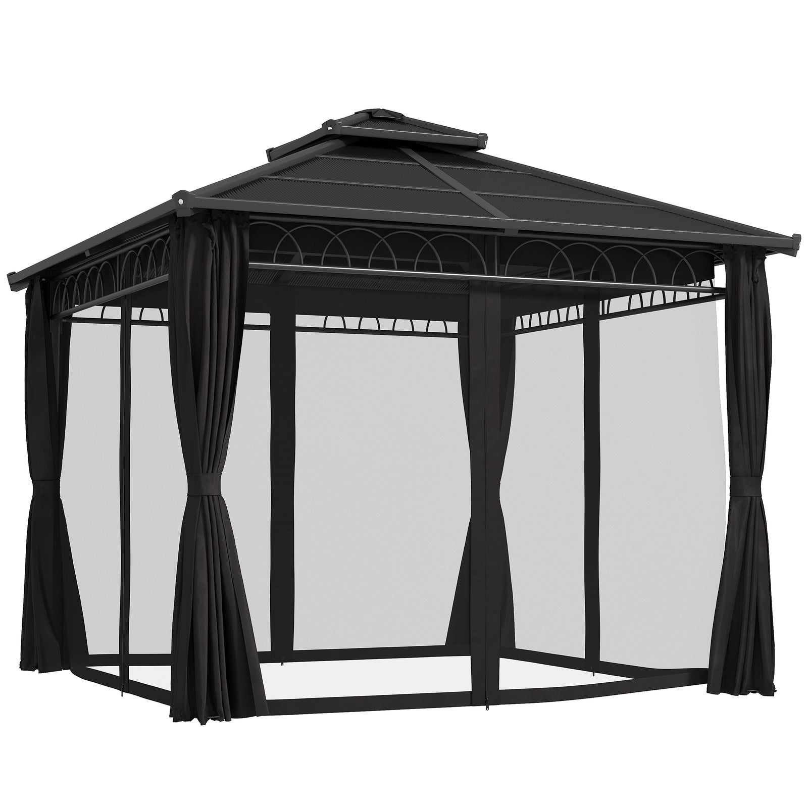 3 x 3 (m) Outdoor Polycarbonate Gazebo, Double Roof Hard Top Gazebo with Galvanised Steel Frame, Nettings & Curtains for Garden, Lawn, Patio and Deck, Dark Grey