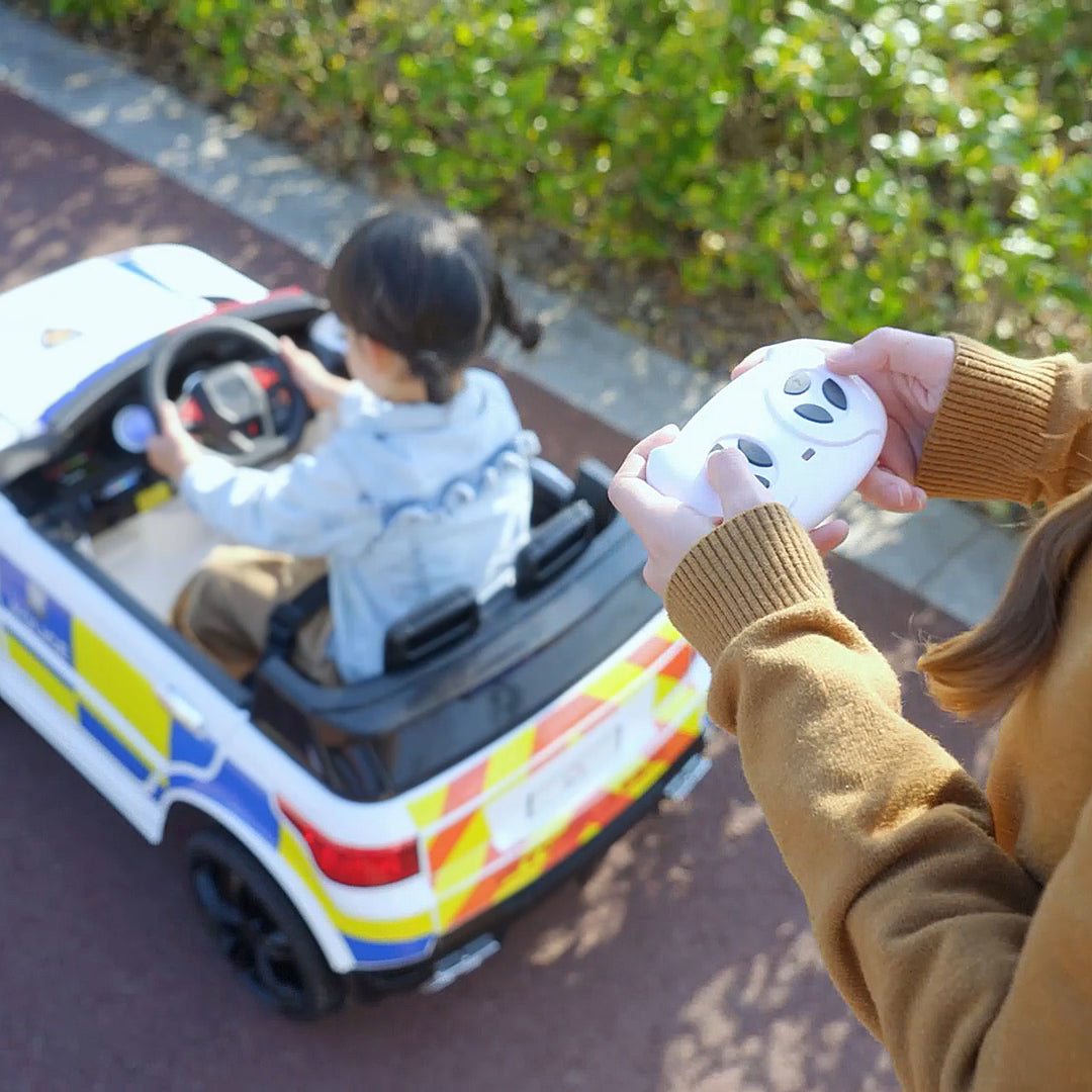 MCL 12V Electric Car for Kids Police Car 2 Motors with Parental Remote Control Siren Flashing Lights USB Portable for 3-6 Years White