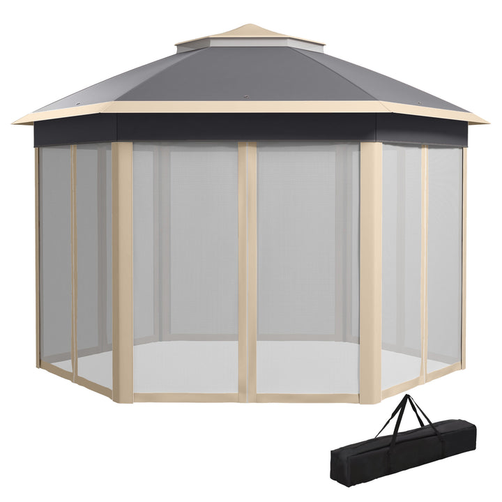 Outsunny Hexagon Pop Up Gazebo Outdoor Patio Gazebo Double Roof Instant Shelter with Netting, 3 x 4m, Khaki