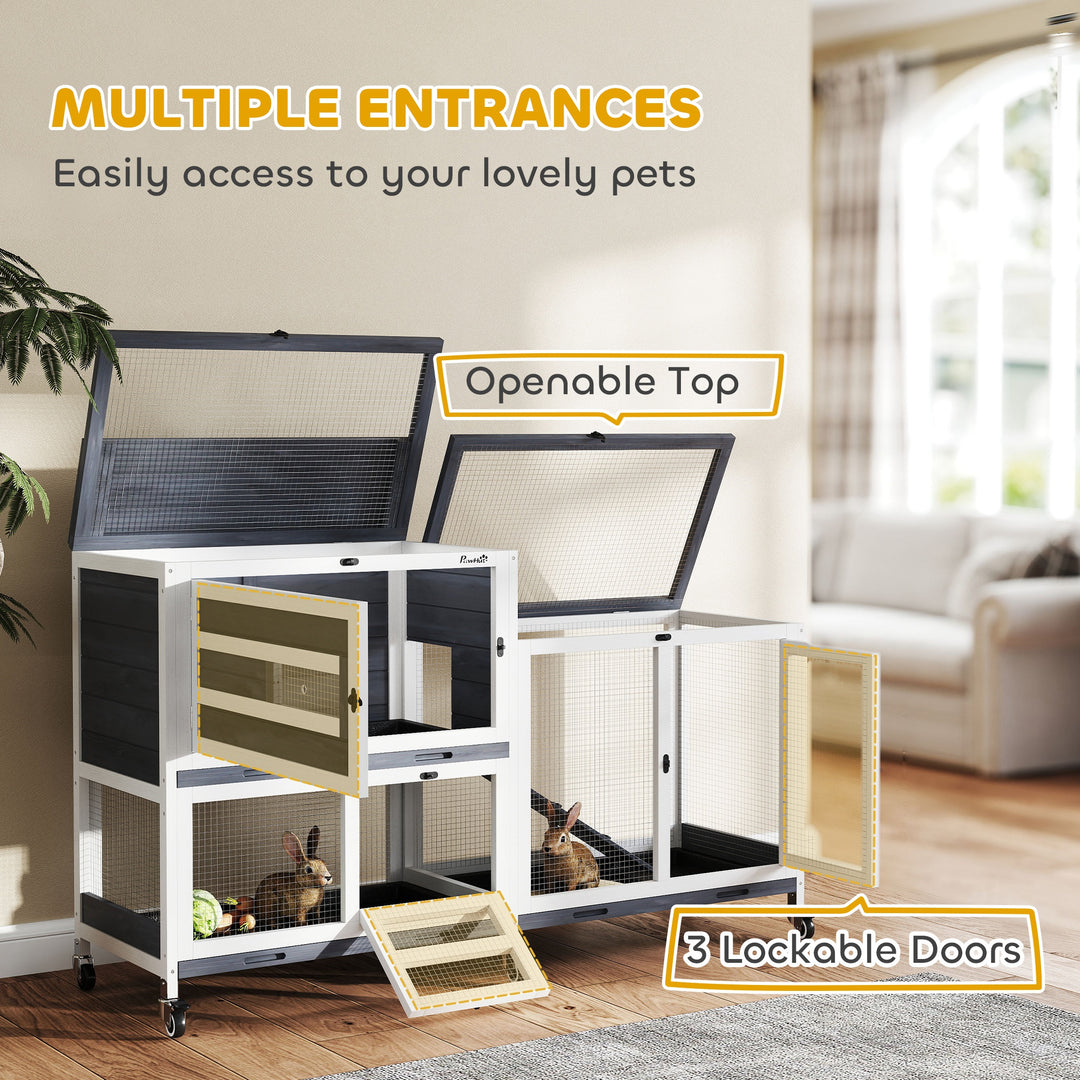 Wooden Rabbit Hutch with Run, 2-Tier Guinea Pig Hutch with Run, Wheels, 3 Plastic Trays, 2 Openable Top, for 2-3 Rabbits