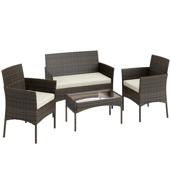 4 Piece Rattan Garden Furniture Sofa Set with Loveseat, Armchairs, Gla