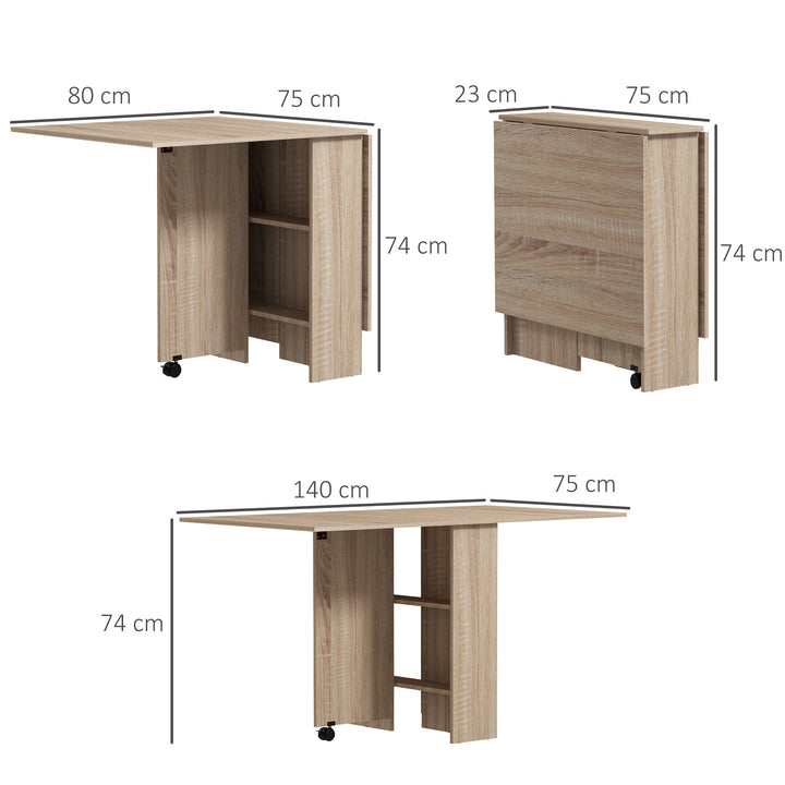 HOMCOM Folding Dining Table, Drop Leaf Table for Small Spaces with 2-tier Shelves, Small Kitchen Table with rolling Casters