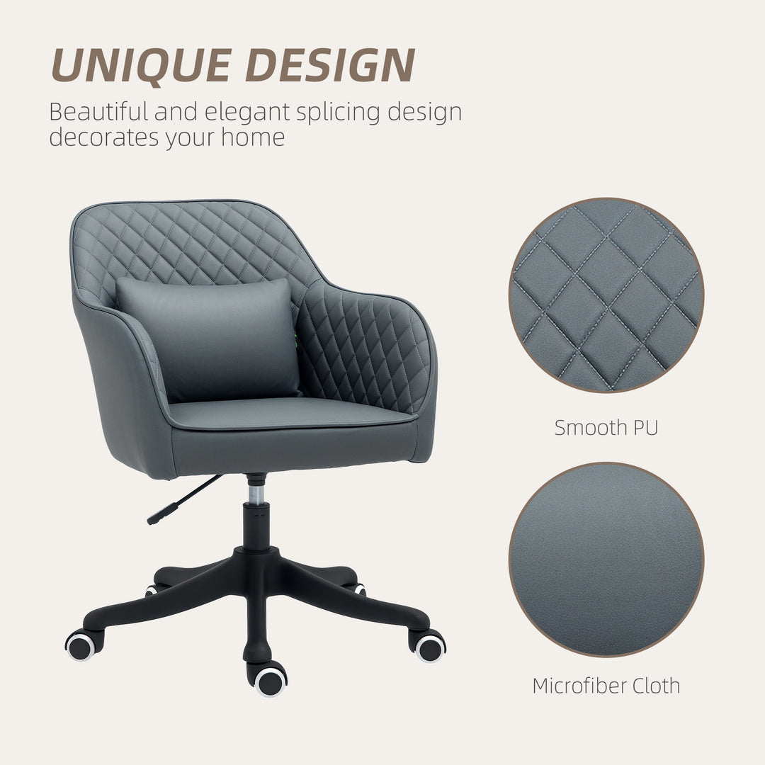 Microfiber Office Chair, Desk Chair, Makeup Vanity Chair with Massage Lumbar Pillow and Rolling Wheels for Bedroom and Home, Grey