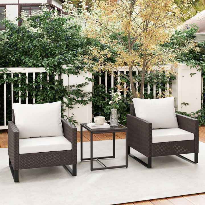3 Pieces Rattan Bistro Set with 4 Cushions, Wicker Garden Furniture Set, Glass Top Coffee Table and Chairs for Outdoor Patio, Balcony, Terrace and Conservatory, Brown