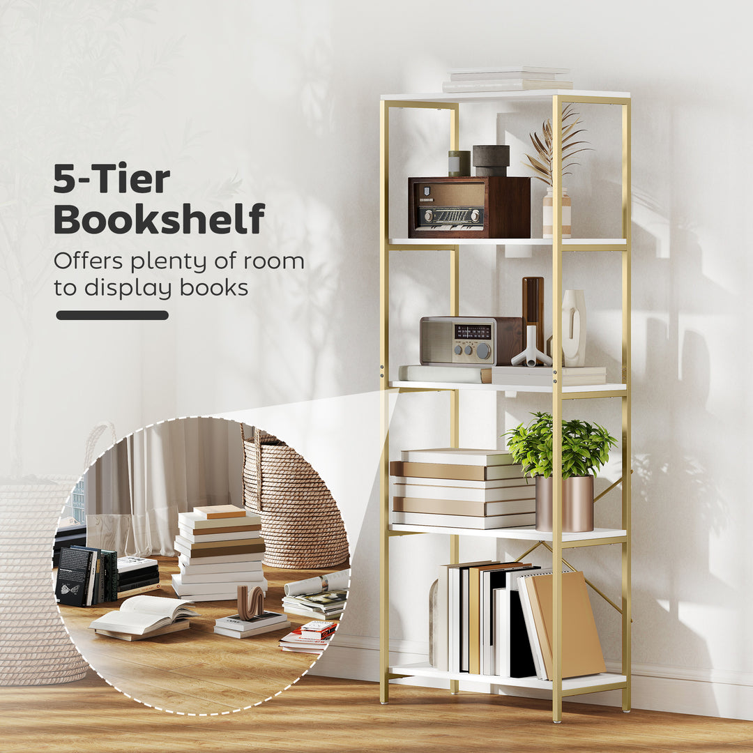 5-Tier Bookshelf, Modern Bookcase with Metal Frame - White and Gold To