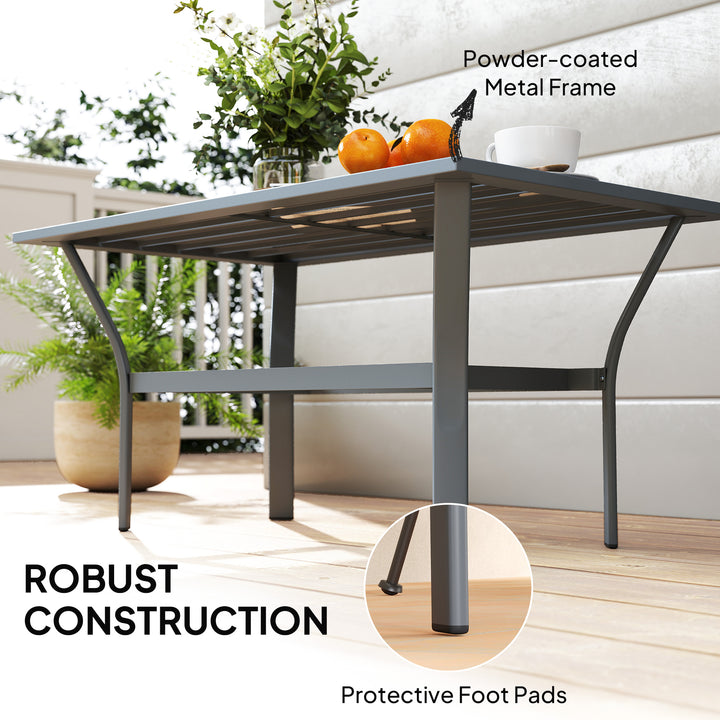 Metal Garden Coffee Table, Rectangular Outdoor Side Table with Slatted Tabletop, Foot Pads for Outside, Garden, Balcony, Porch, 91.5 x 55 x 45cm, Dark Grey