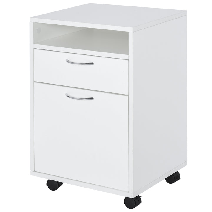 HOMCOM 60cm Storage Cabinet w/ Drawer Open Shelf Metal Handles 4 Wheels Office Home Organiser Mobile Printer White | Aosom UK