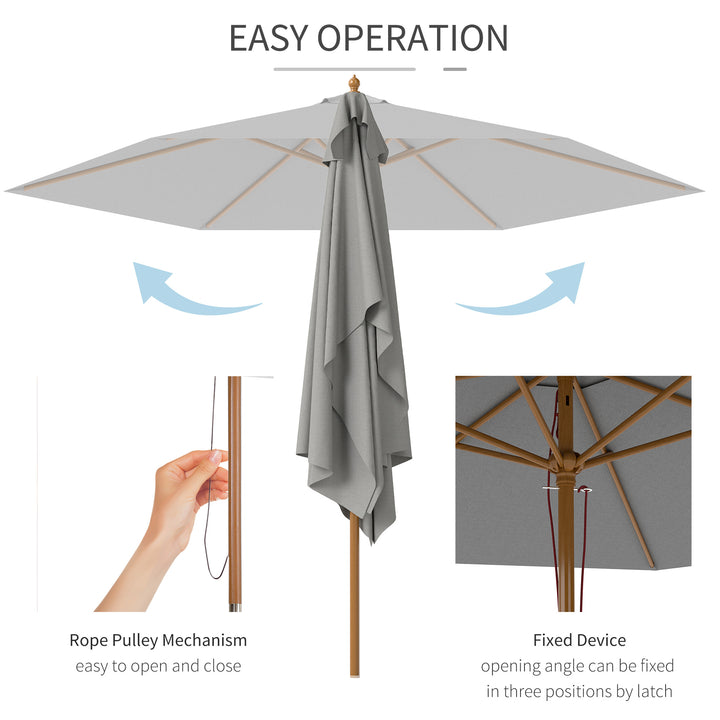 2.5m Wood Garden Parasol Sun Shade Patio Outdoor Wooden Umbrella Canopy, Table Market Umbrella with Vent, 38mm Pole, Rope Pulley Mechanism, Light Grey