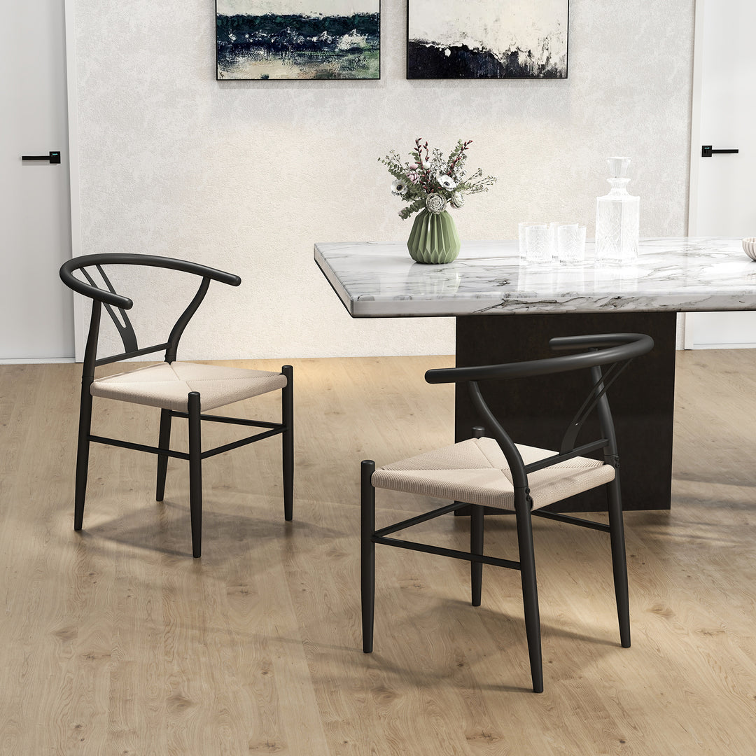 Set of Two Weave Dining Chairs with Y-Shaped Backrest Hemp Seat - Black/Beige