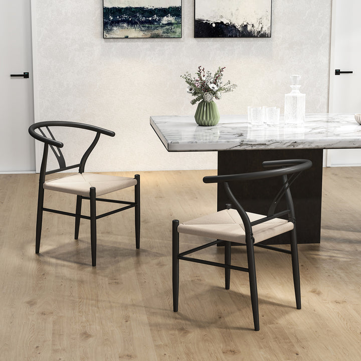 Set of Two Weave Dining Chairs with Y-Shaped Backrest Hemp Seat - Black/Beige