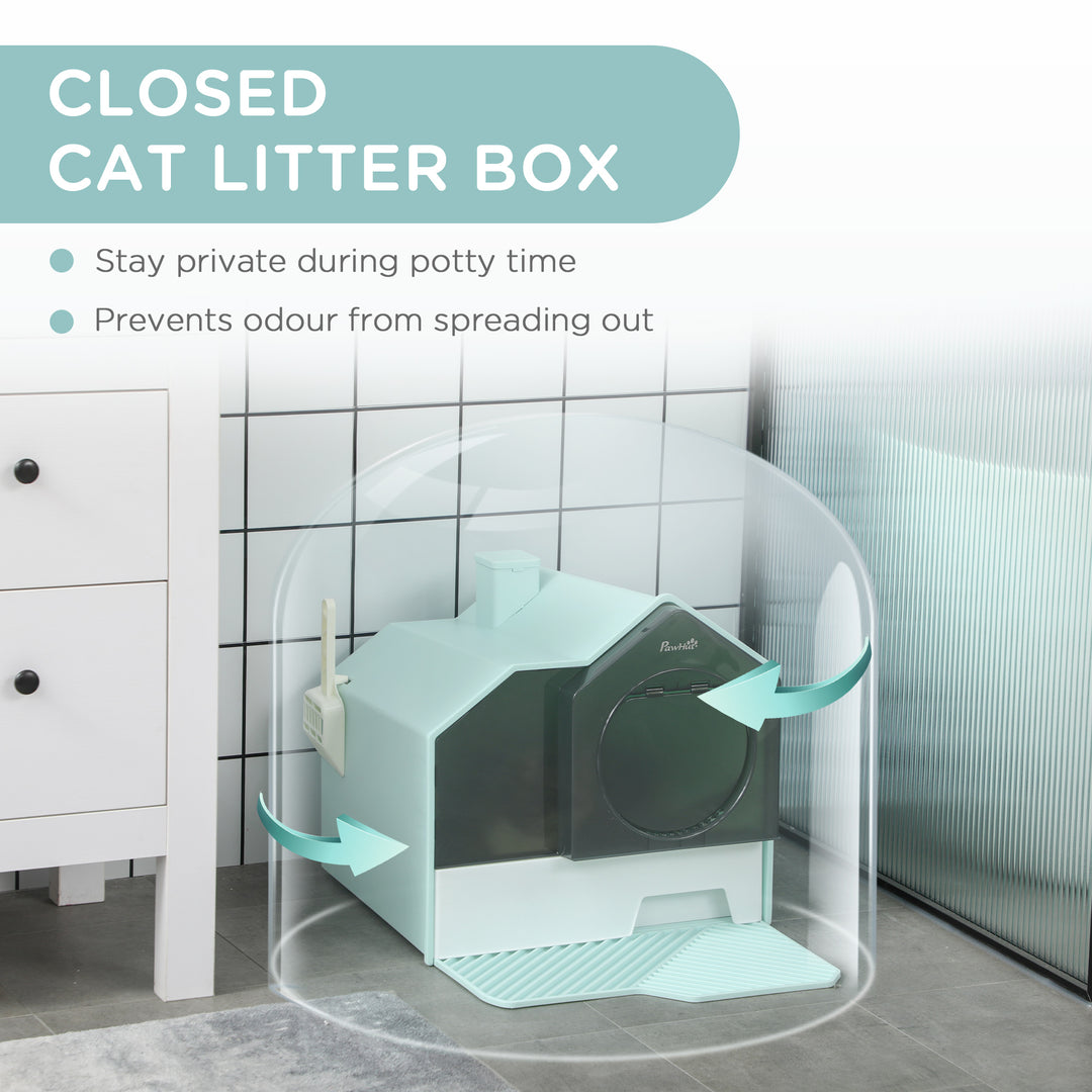 PawHut Cat Litter Tray, Hooded with Scoop, Easy Clean, Privacy for Cats, Light Blue | Aosom UK