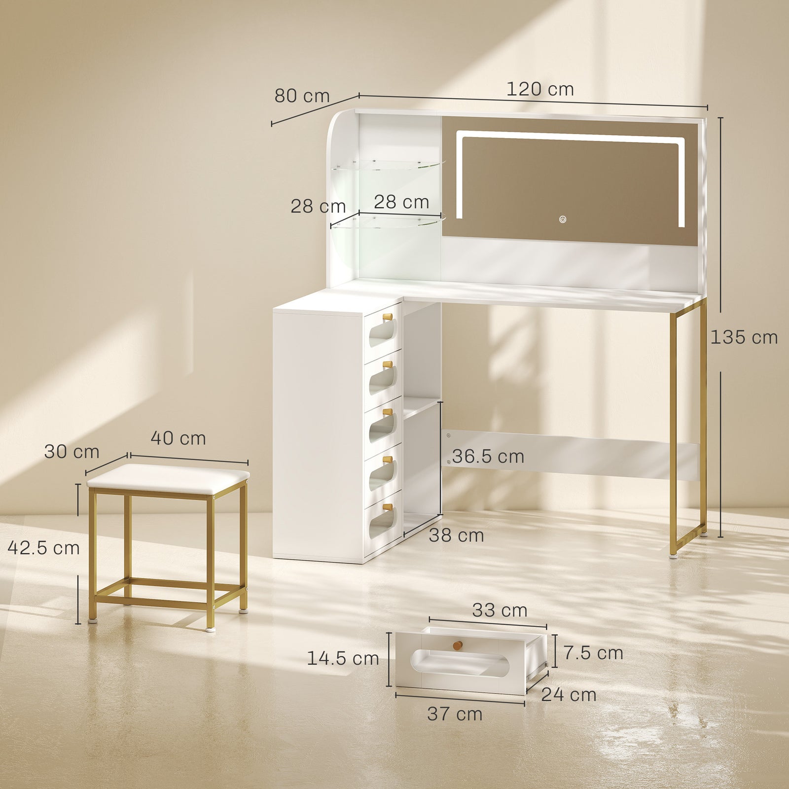 Dressing Table with LED Mirror and Stool, L-Shaped Vanity Desk with Dr