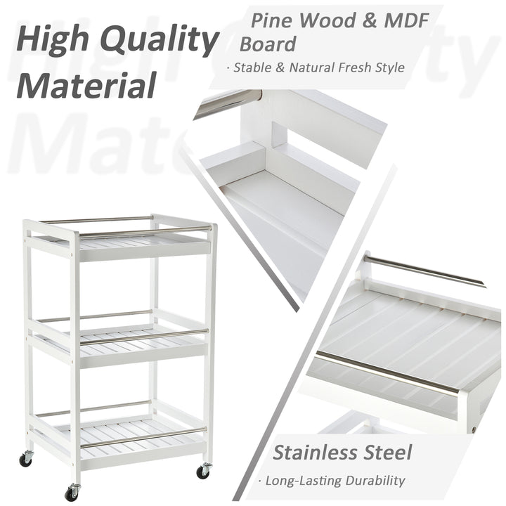 MCL 3-Tier Home Trolley Kitchen Storage Cart w/ Steel Bars 4 Universal Wheels Rolling Unit Organiser Living Room White