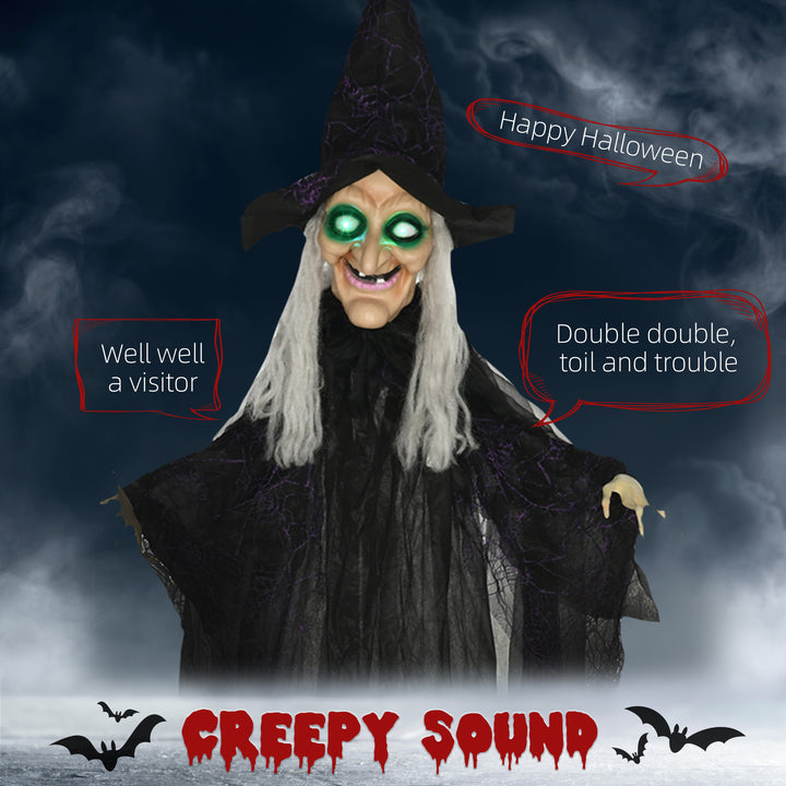 HOMCOM 6ft Outdoor Halloween Decoration Witch, Hanging Witch Prop Life Size with Sound and Motion Activated, Light Up Eyes, Talking Sound, Posable Arms