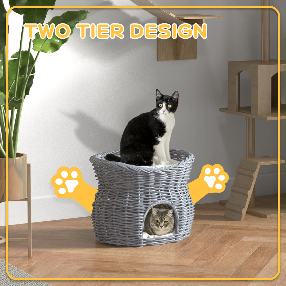 2-Tier Wicker Cat House Elevated Pet Bed Basket Willow Kitten Tower Pet Den. with Washable Cushions 56x37x40cm Grey
