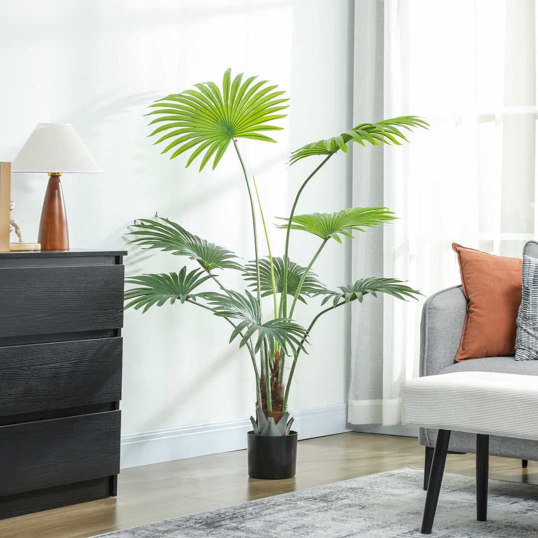 145cm Artificial Palm Tree, Decorative Artificial Plant with Lifelike PEVA Leaves and Coconut Coir, Fake Tree with Plastic Pot and Flocking for Home Office Decor, Green