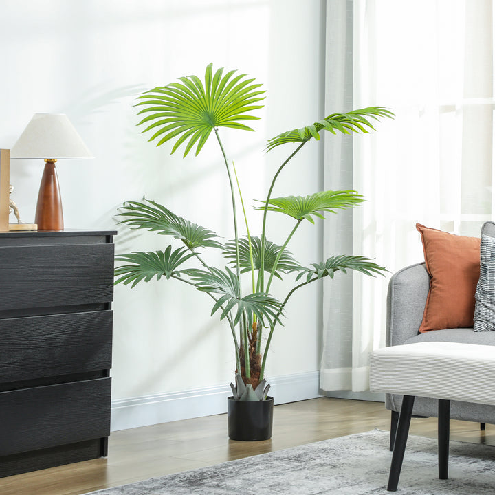 145cm Artificial Palm Tree, Decorative Artificial Plant with Lifelike PEVA Leaves and Coconut Coir, Fake Tree with Plastic Pot and Flocking for Home Office Decor, Green