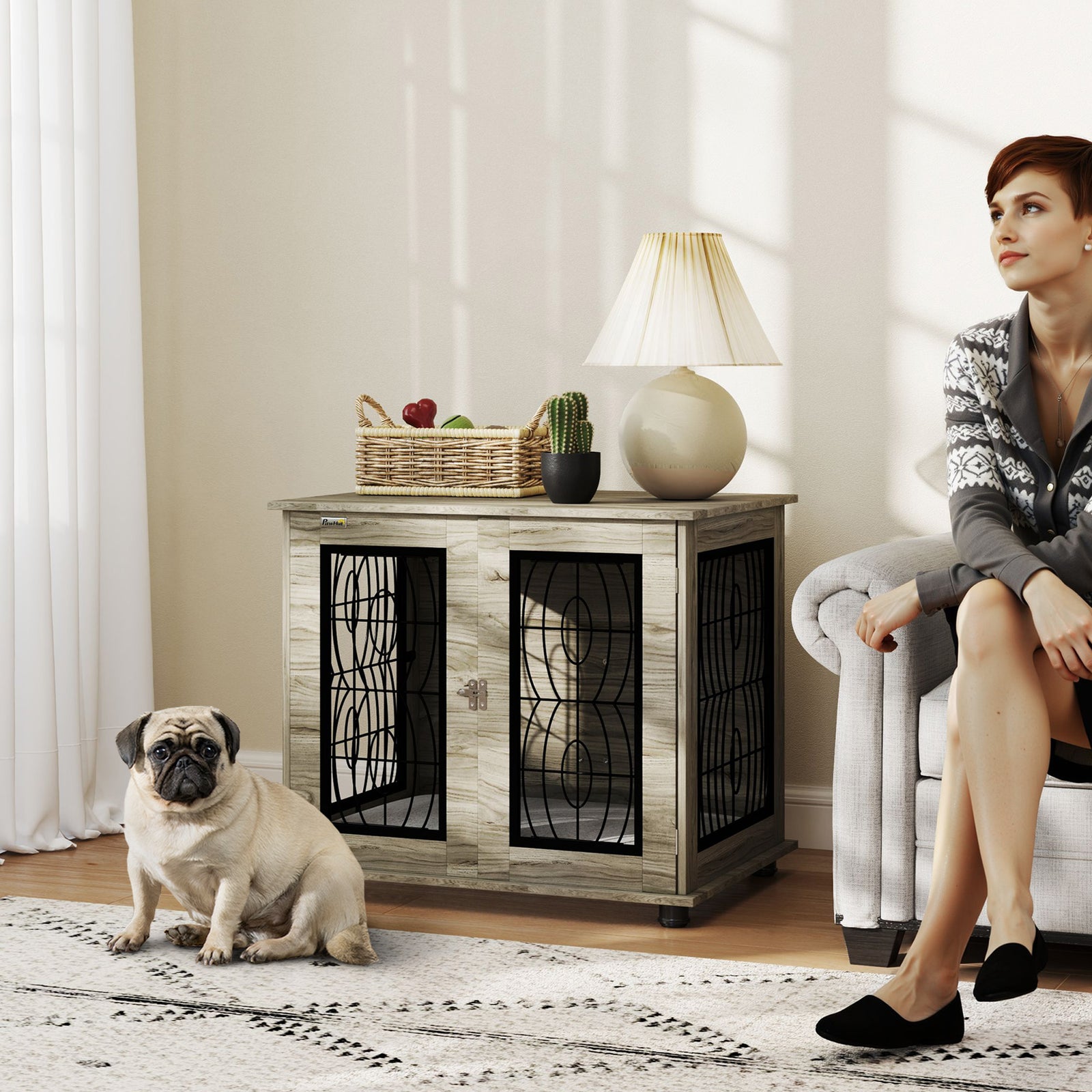 Indoor Dog Crate Furniture End Table with Soft Washable Cushion, Lockable Front Door, for Medium Dogs - Black