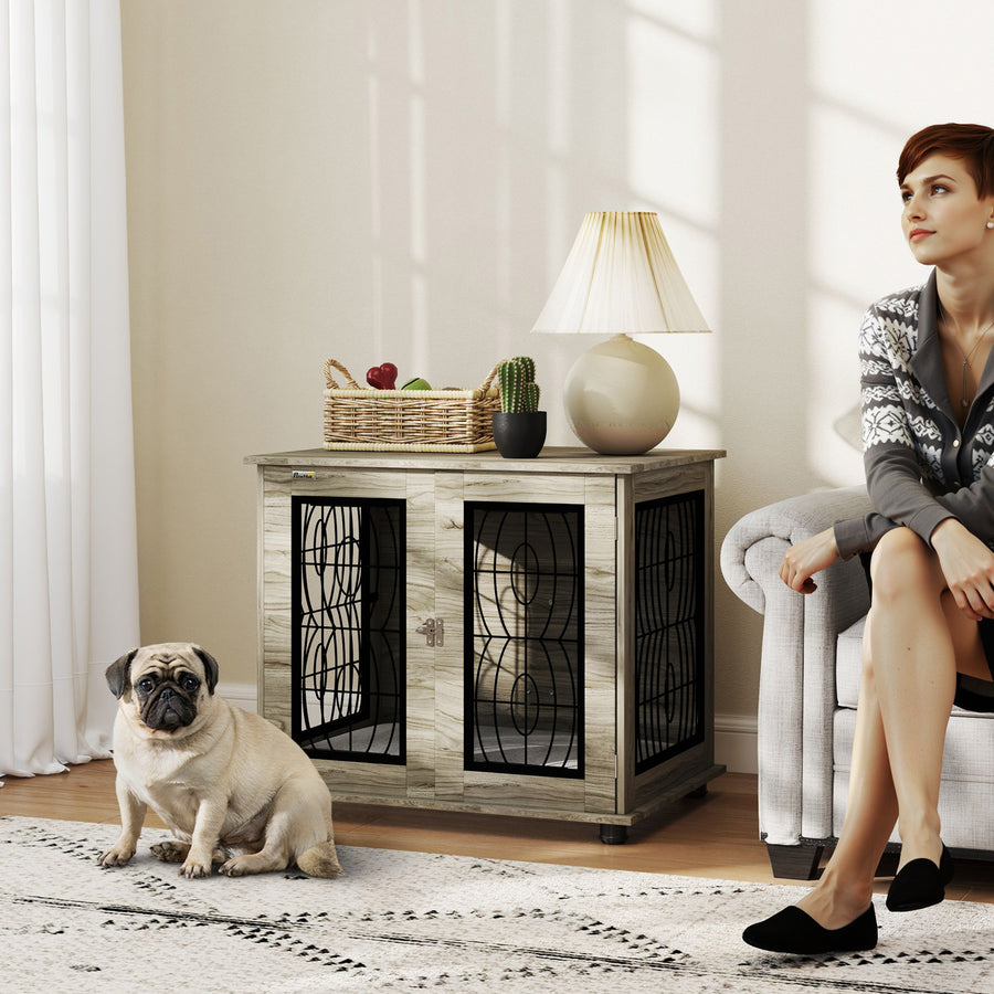 Indoor Dog Crate Furniture End Table with Soft Washable Cushion, Lockable Front Door, for Medium Dogs - Black
