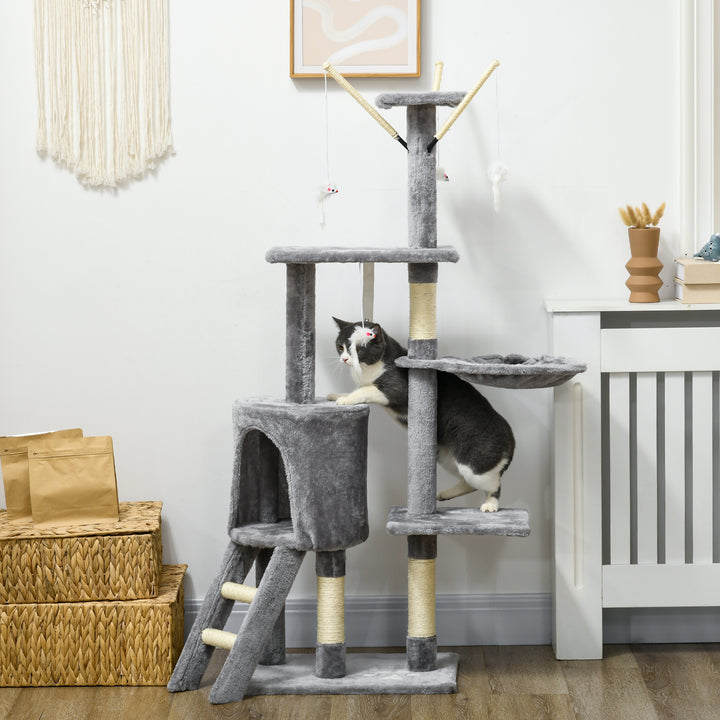 PawHut Cat Scratching Post, Cat Tree for Indoor Cats, Climbing Tower Scratcher with Ladder, Kitty Activity Centre, 135cm, Grey | Aosom UK