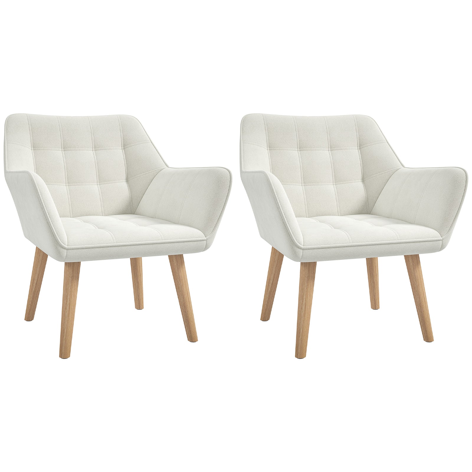Set of 2 Accent Chair, Arm Chair with Slanted Back, Thick Padding and Rubber Wooden Legs for Living Room, Cream White