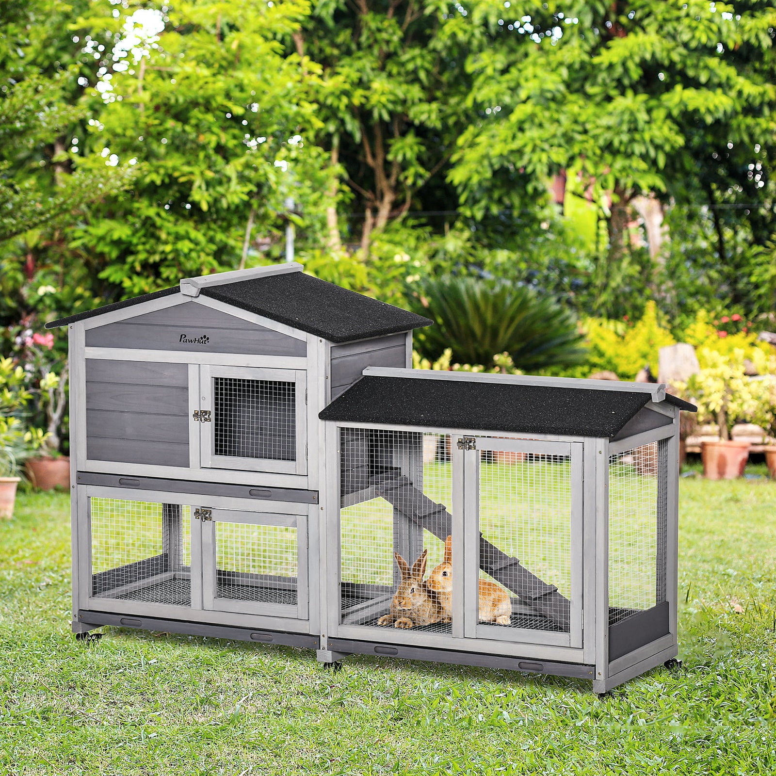 Wooden Rabbit Hutch, Guinea Pig Cage, with Wheels, Run, Slide-Out Tray, Ramp