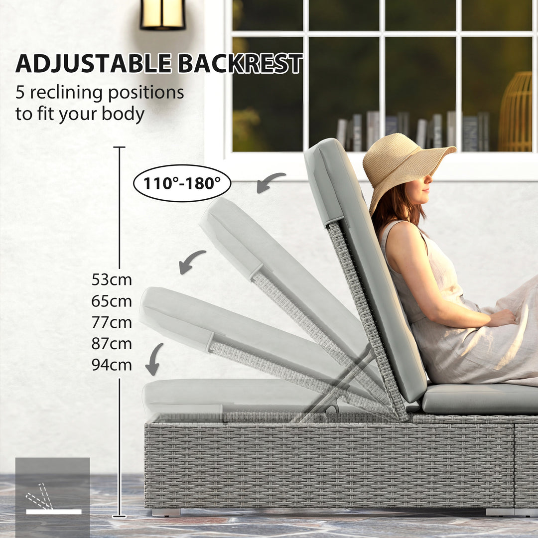 Rattan Sun Lounger, Five-Position Reclining Garden Lounger Bed with Cu