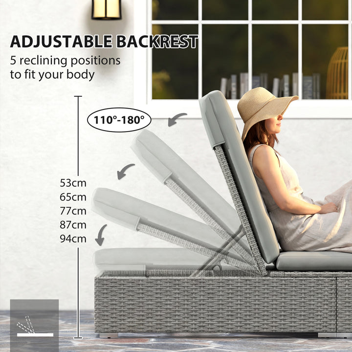 Rattan Sun Lounger, Five-Position Reclining Garden Lounger Bed with Cu