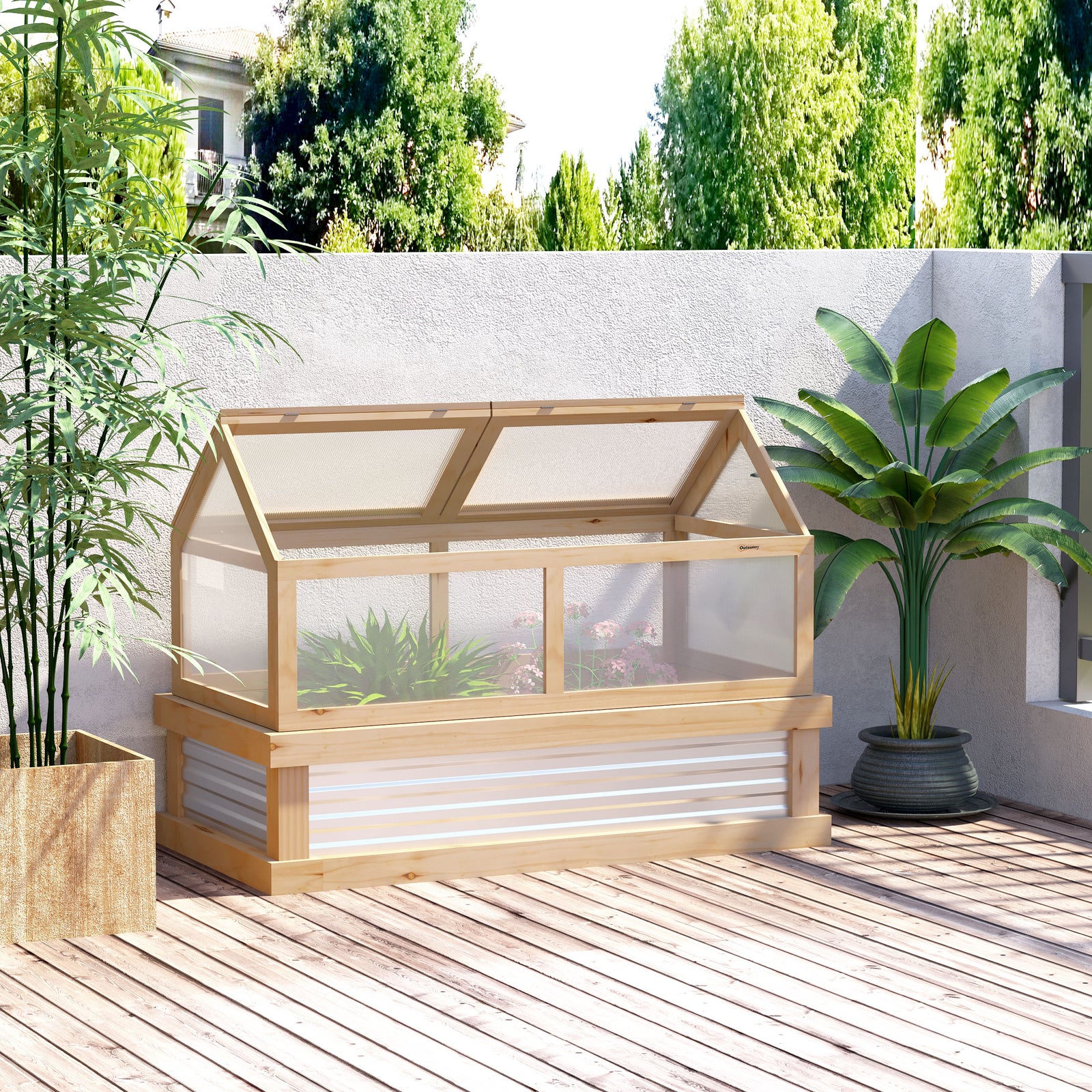 Raised Garden Bed with Greenhouse Top, Garden Wooden Cold Frame Greenhouse Flower Planter Protection with 2 Independent Roofs, 122x 61 x 82cm, Natural