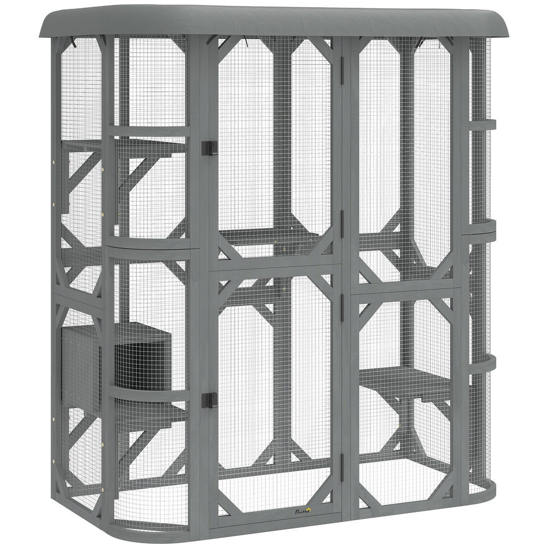 Catio Outdoor Cat Enclosure, Wooden Cat House with Platforms, Condo and Waterproof Cover for 2–3 Kittens