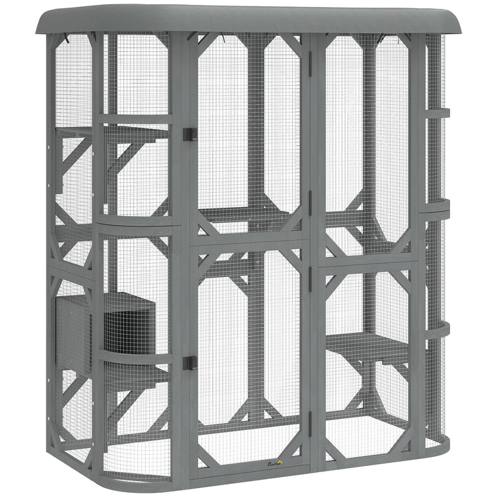 Catio Outdoor Cat Enclosure, Wooden Cat House with Platforms, Condo and Waterproof Cover for 2–3 Kittens