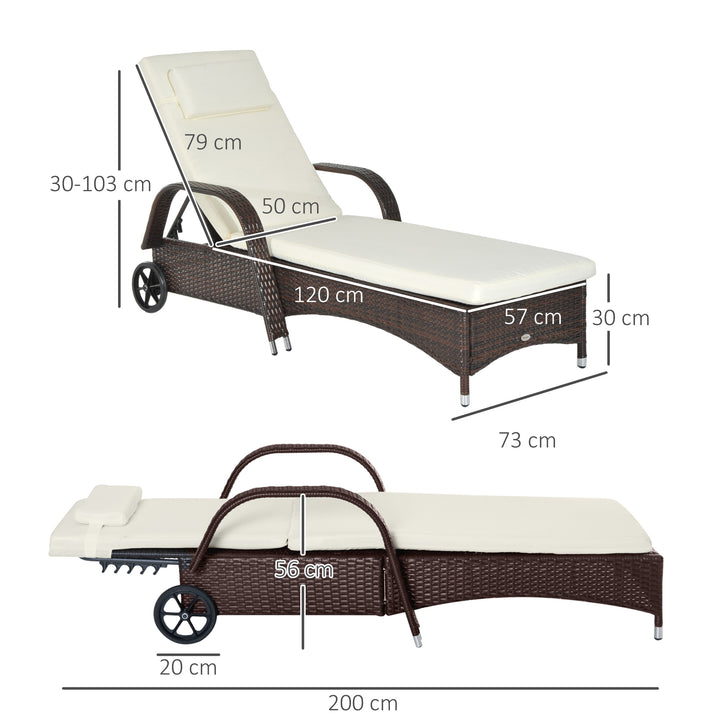 Outsunny Adjustable Rattan Sun Lounger Garden Recliner Bed Reclining Chair w/ Removable Headrest & Thickened Cushion, Brown